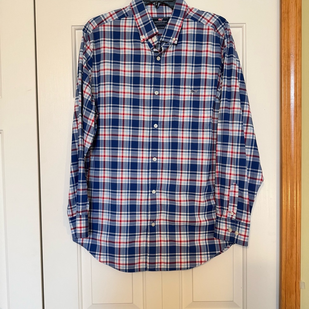 Vineyard Vines Performance Classic Fit Tucker Blue‎ and Red Plaid Shirt